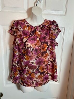 STATE Floral Ruffle Sleeve Blouse in Purple and Orange